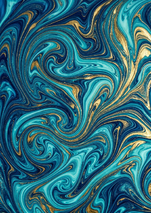 Detaljerad abstrakt fluid art-poster med virvlande mönster i djupt blått, turkos och metalliskt guld, elegant flödande organiska former, glansig textur, högupplöst, sofistikerat samtida tryck.