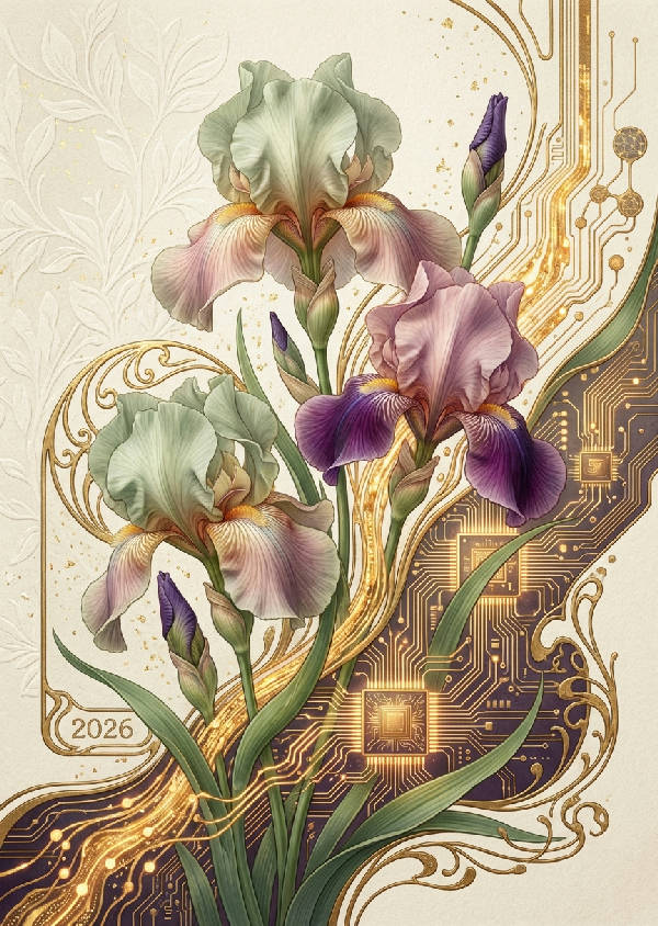 Hyperrealistisk Art Nouveau-poster med graciösa irisblommor som övergår i glödande kretsmönster och gyllene dataströmmar på en texturerad gräddfärgad bakgrund.
