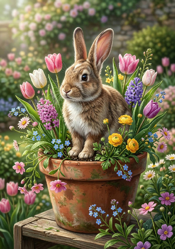 Söt kanin i en blomkruka med vårblommor, charmig illustration av Olga Telnova i pastellfärger.