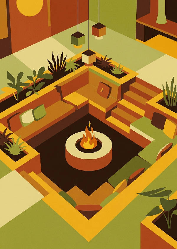 Mid-century modern arkitekturillustration av en nedsänkt conversation pit i varma retrofärger som orange och senapsgult.