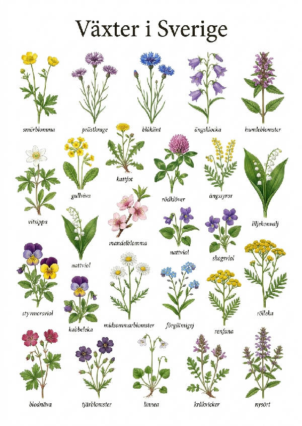 Elegant affisch med över 25 detaljerade illustrationer av svenska vildblommor och växter på vit bakgrund.