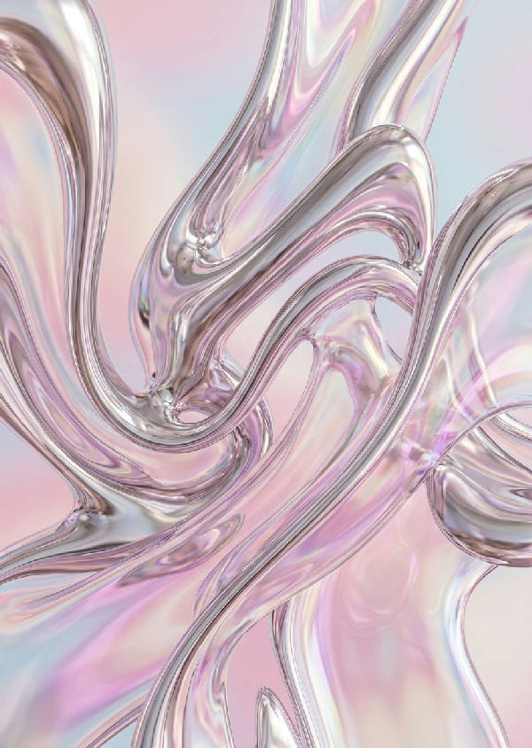Abstrakt 3D-rendering av sammanflätade former i flytande silverkrom och iriserande rosa glas med mjuka pastellreflektioner.