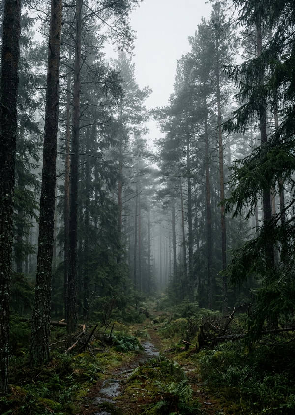 Ett porträtt av en tät, rofylld tallskog täckt av mjuk morgondimma med grönt och blått ljus i gryningen.