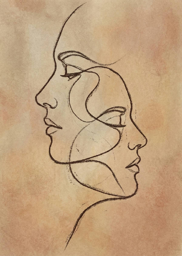 Kontinuerlig line art av två överlappande ansikten i mörkbrun espresso mot en varm bakgrund av sand och terrakotta.