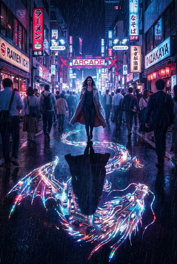 Hyperrealistisk bild av en kvinna som går på en livlig Tokyogatamed en jättelik drakes skugga. Drakens fjäll är gjorda av stadsljus och neon, som följer henne skyddande. Färgerna är lila, blått och rosa.