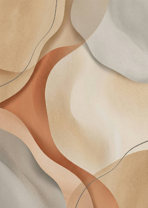 Vertikal abstrakt väggkonst med mjuka, flödande organiska former i varma beige-, sand- och terrakottafärger med inslag av mjukt grått.