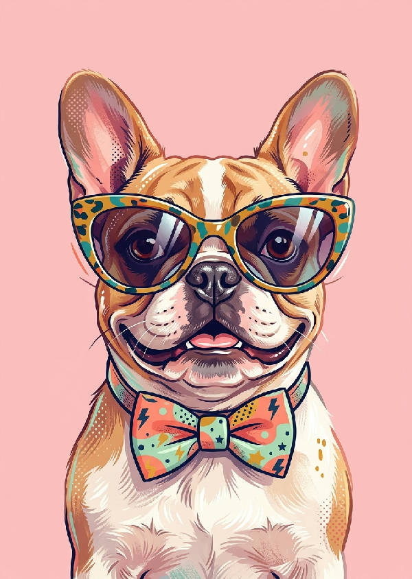 Närbild på en glad brun hund som bär solglasögon, med ett lekfullt uttryck mot en ljus bakgrund.