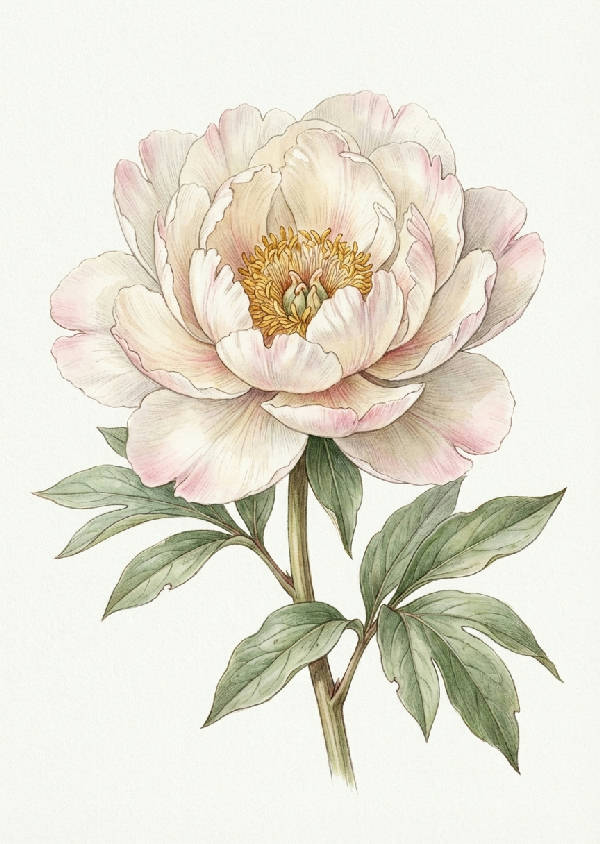 Närbild av en blommande pion med kronblad i krämvitt och ljusrosa, detaljerade ståndare, blad i dämpad salviagrön mot en benvit bakgrund.
