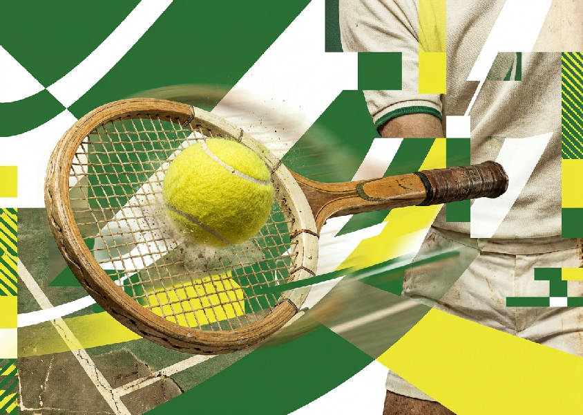 Dynamiskt digitalt kollage med vintage trätennisracket och ljusgul tennisboll i luften, geometriska former.