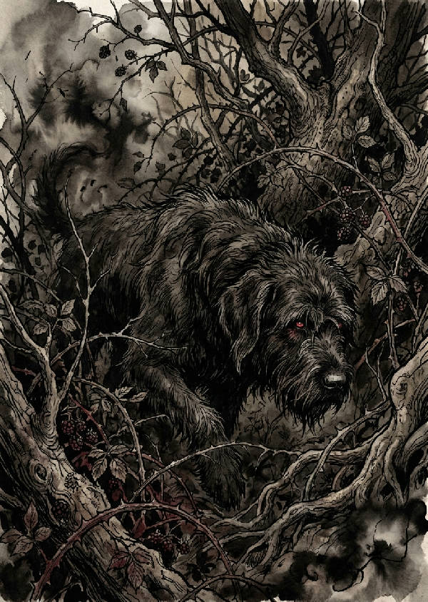 Intrikat tuschteckning av lurvig svart hund i tätt snår av taggiga björnbärsbuskar. Gotisk monokrom med subtila röda och sepia-toner.