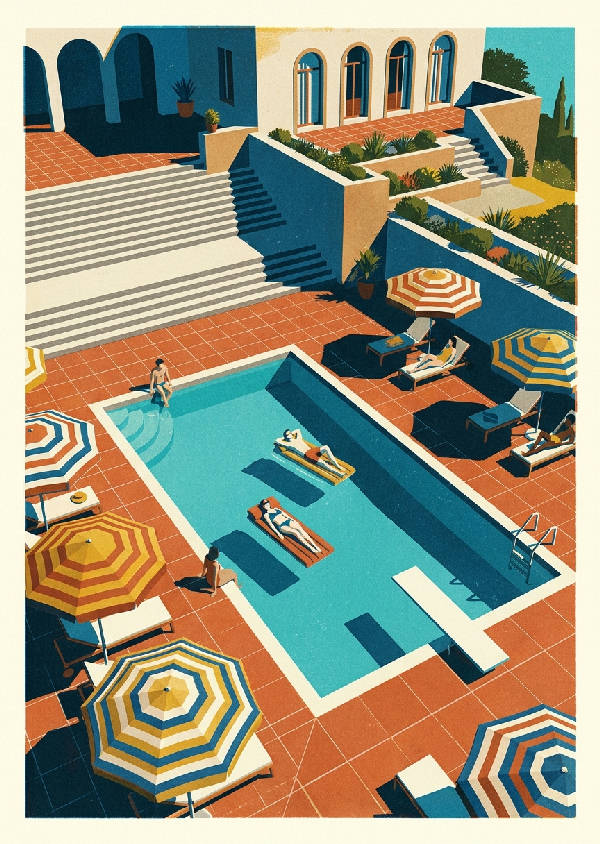 Risografisk poster av en pool vid italienska rivieran från 70-talet med turkost vatten, terrakottakakel och randiga parasoller, hårt solljus skapar arkitektoniska skuggor.