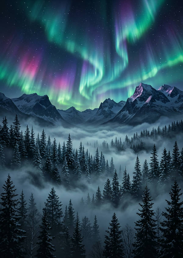 Vertikal poster som avbildar tätt stående trädtoppar svepta i en tjock, grönaktig dimma.