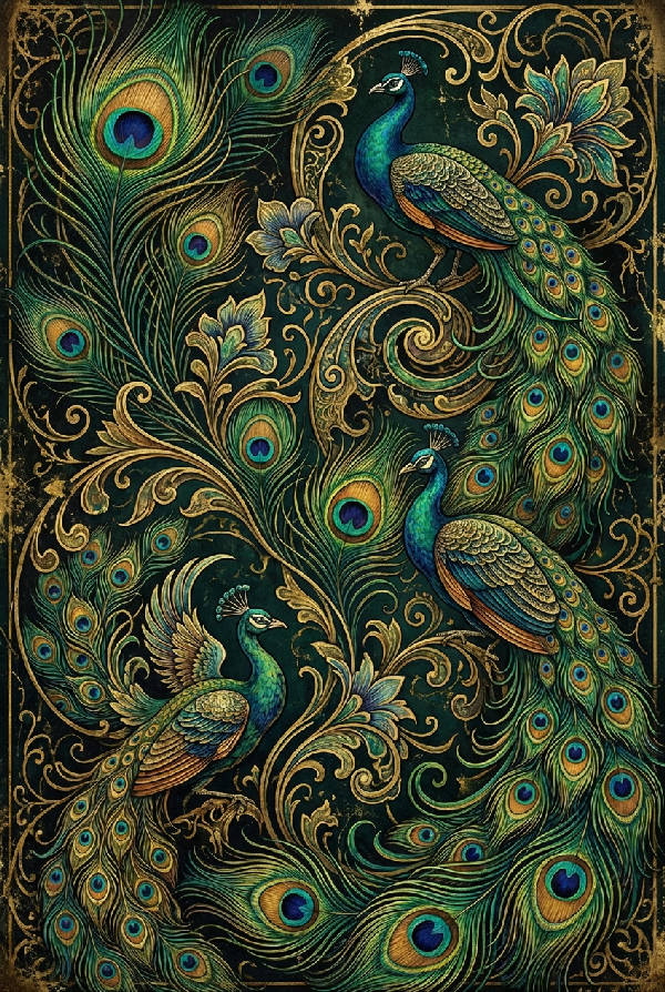 Maximalistisk vintage påfågelposter med iriserande fjädrar och böljande Art Nouveau-linjer i smaragdgrönt och guld, med diskreta slitna texturer mot en mörk bakgrund. Ett överdådigt, lager-på-lager-motiv som förmedlar nostalgisk glamour.
