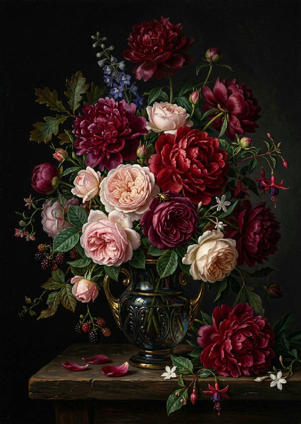 Stående affisch med ett mörkt klassiskt blommönster och detaljerade vintagemotiv mot en djup svart bakgrund.