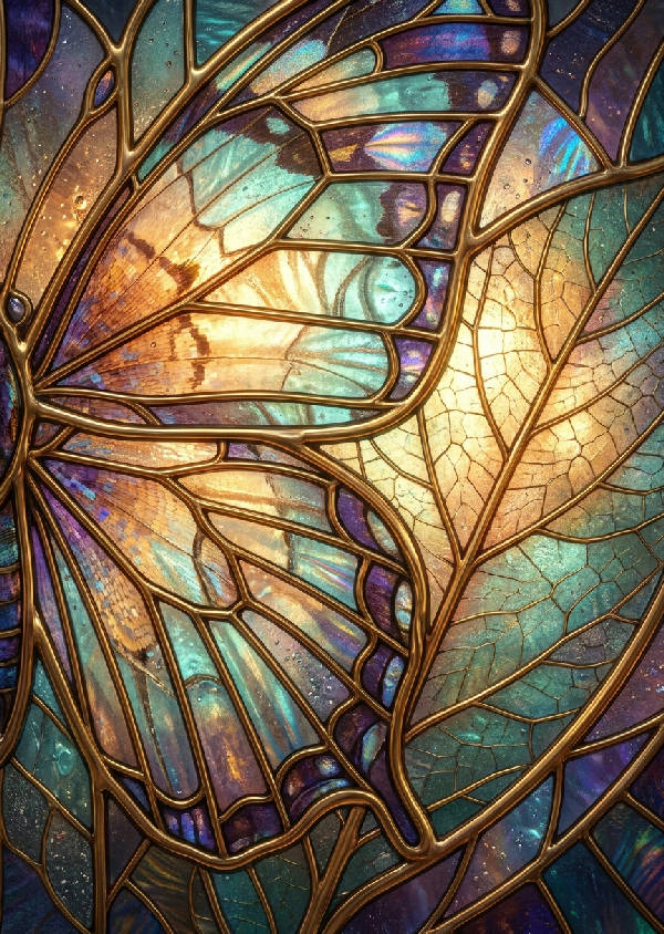 Närbild av Art Deco-inspirerad digital illustration av fjärilsvinge och botaniska bladnerver i målat glas med varmt bakgrundsljus