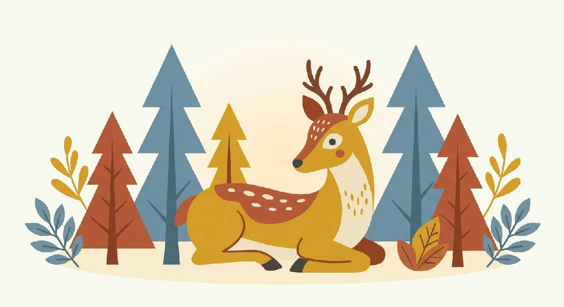 Skandinavisk folkkonst illustration av ett rådjur som vilar bland stiliserade geometriska tallar och blad i gult, blått och rostrött.