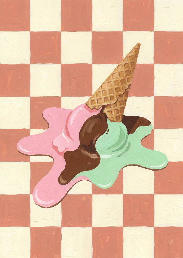 Gouacheillustration av en smält neplinglass i rosa, brunt och mintgrönt på ett retrorutigt stengolv.