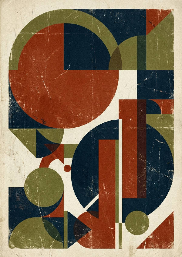 Abstrakt geometrisk komposition med Bauhaus-influenser, rektanglar och cirklar i dämpade grå, beige och mörkbruna nyanser, porträttorientering.