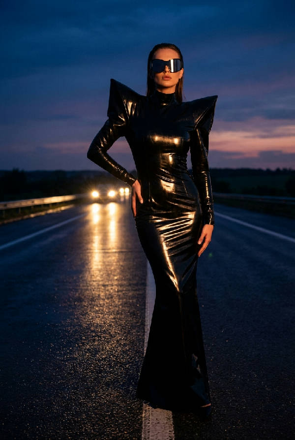 Hyperrealistisk bild av supermodell i svart latexklänning med skulpturala axlar, mitt på tom motorväg i blå timmen, med strålkastarreflektioner som skapar dramatisk skuggning på kroppen.