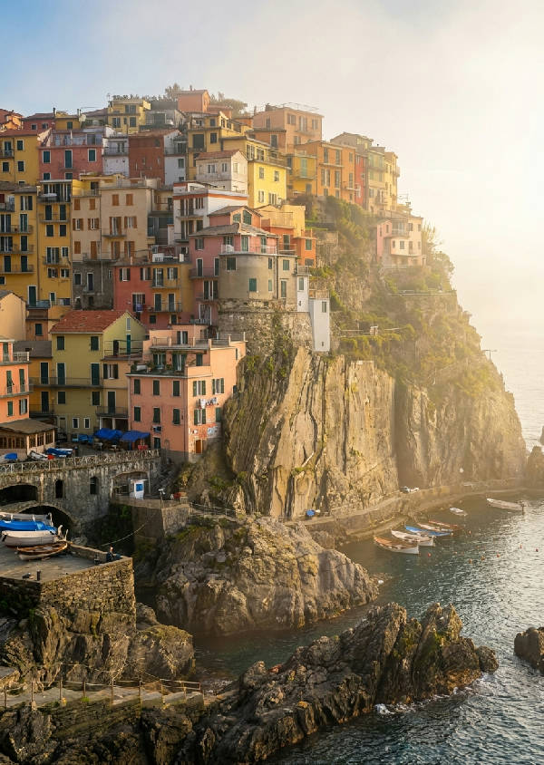 Hyperrealistisk bild av Manarola i morgondimma, färgglada hus på klippor, fiskebåtar i hamnen, gyllene solljus genom dimma.