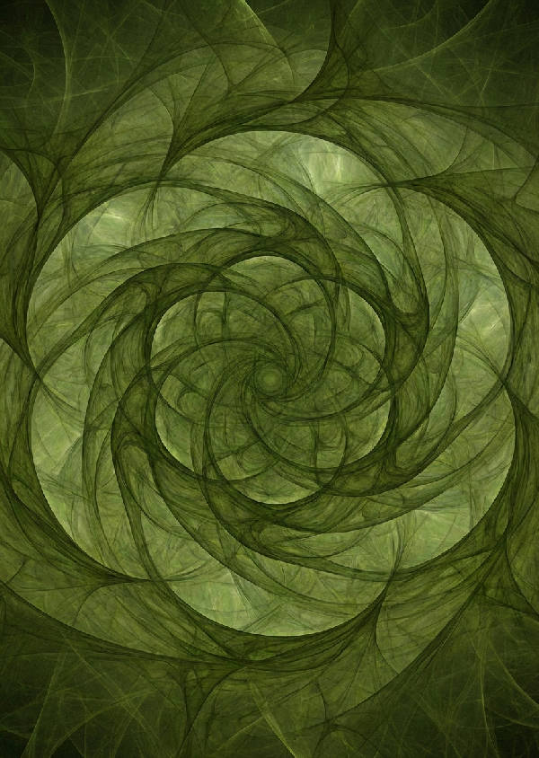 Närbild av en komplex abstrakt fraktal mandala i olivgrönt och mossgrönt, med eteriska ljuseffekter.