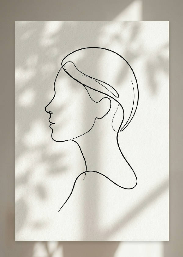 Minimalistisk illustration av en kvinnlig siluett i profil med starka ljus- och skuggkontraster