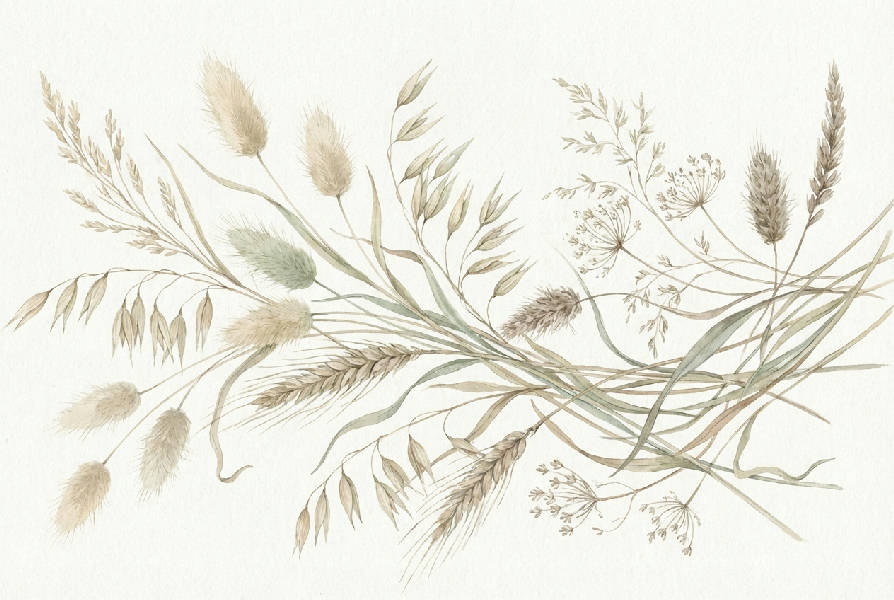 Detaljerad botanisk illustration av torkade gräs och fröställningar i dämpade beige, salvia och ljusbruna nyanser, som rävsvansgräs och havreax, på ett lätt texturerat, benvitt papper.