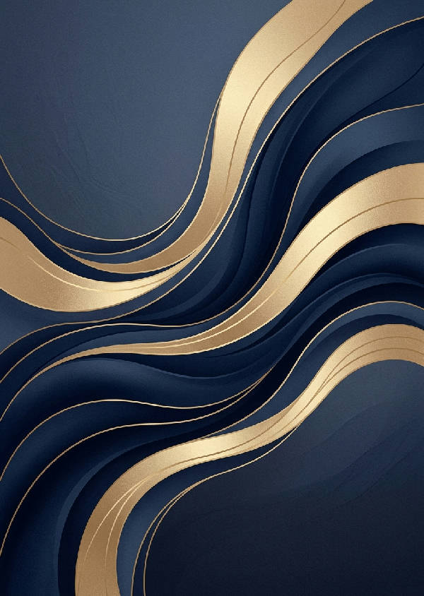 Abstrakt målning med minimalistisk vågform i marinblått och skimrande guld, vertikal orientering
