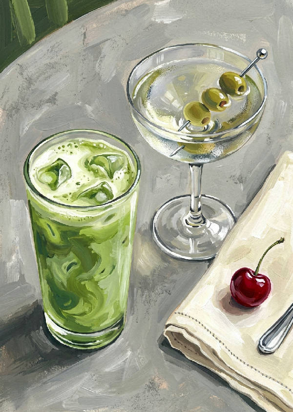 Målad illustration av ett kafébord med en hög ismatcha och en martiniglas med oliver, sedd ovanifrån