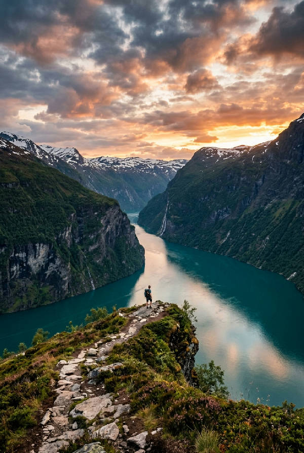 Episkt bergslandskap med dimmiga dalar under en dramatisk blå himmel, fotograferat med mjuk oskärpa.