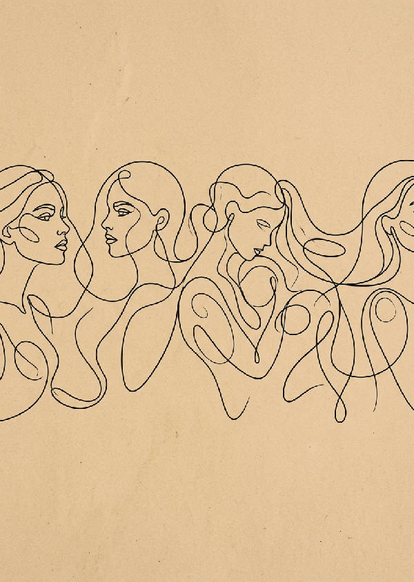 En minimalistisk svartvit line art illustration som skildrar ett abstrakt panorama i porträttformat, med rena linjer.