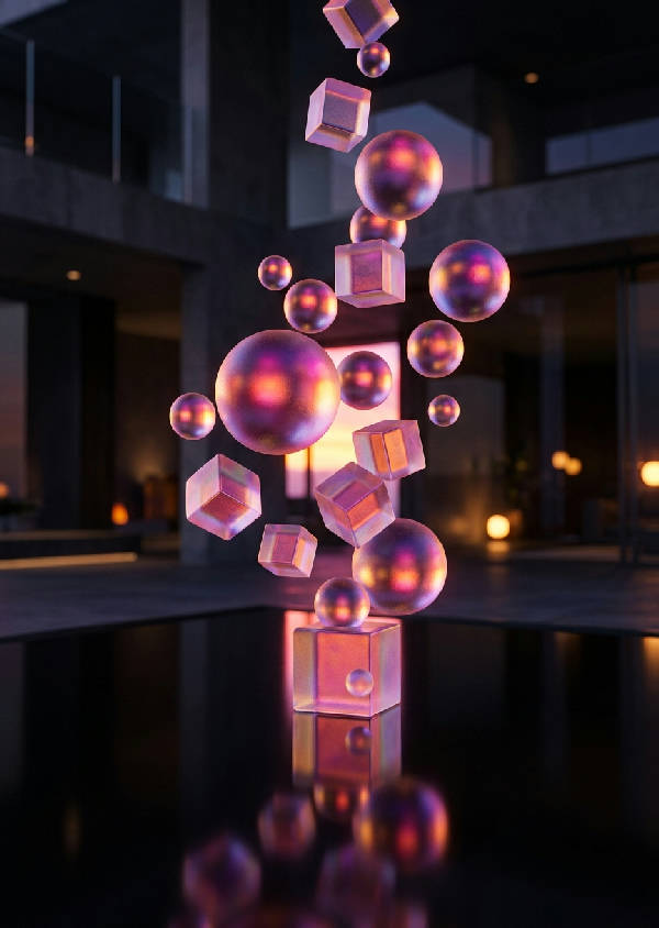 Abstrakt porträttposter med svävande geometriska glasformer som reflekterar en varm orange solnedgång.