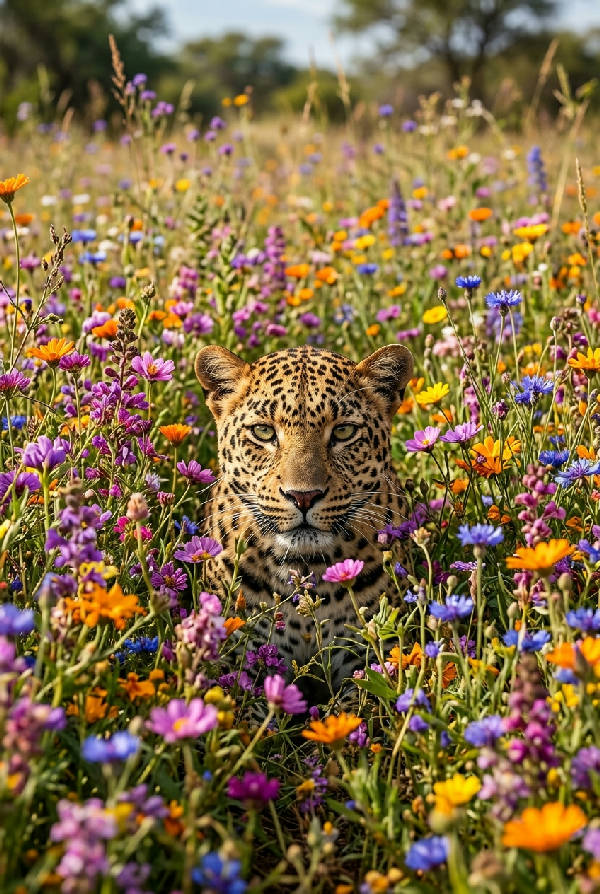 Närbild på en leopard som kikar fram blandMatchande blommor i grönskande miljö