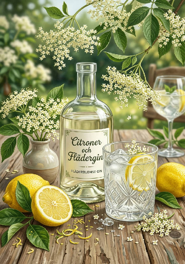 Illustrerad stillbild med citroner, fläderblommor och en flaska gin i mjuka gula och gröna toner.