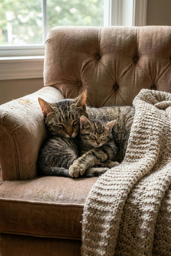 Närbild på en brun kattmamma som kelar med sin lilla kattunge i en mysig, ljus soffa