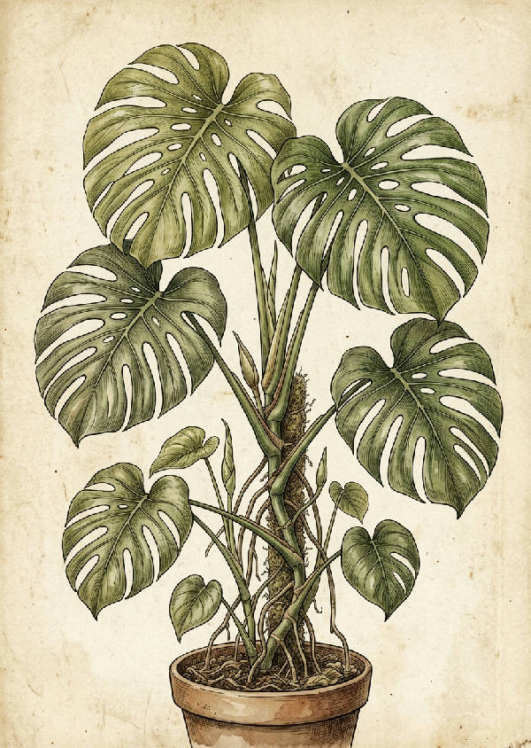 Vintage illustration av ett stort, grönt Monstera blad med karakteristiska flikar och ådror. Ljus bakgrund. Vertikalt format.