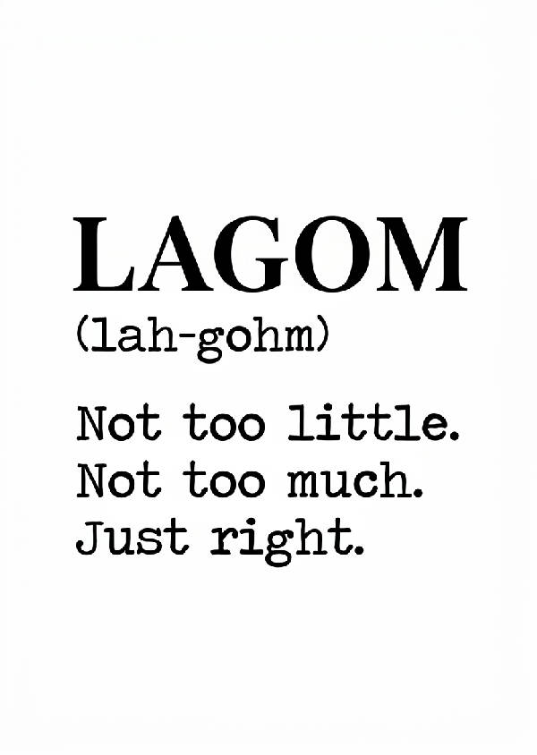Minimalistisk svartvit poster med ordboksdefinitionen av det svenska ordet Lagom i ett elegant typsnitt.