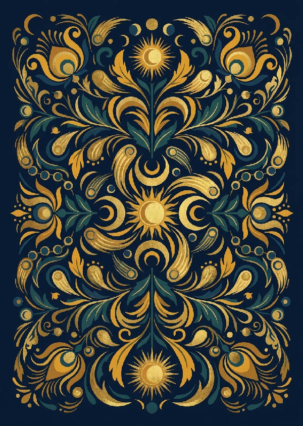 Symmetrisk Kurbits-inspirerad illustration med månar, solutbrott och kometer i blomformer i blått, gult, guld och teal.