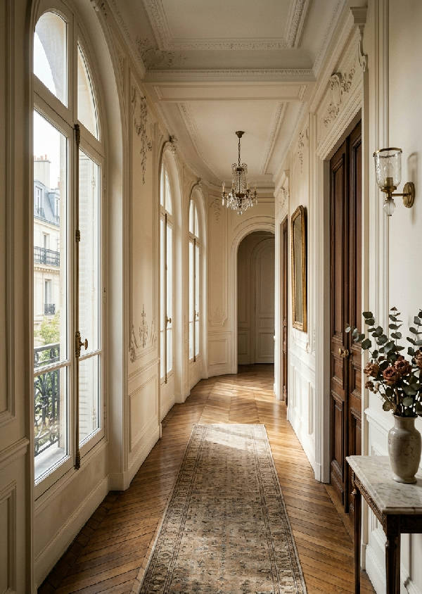 Porträttbild av klassisk parisisk byggnad med detaljerad fasad i varmt gult ljusinsläpp från höger.