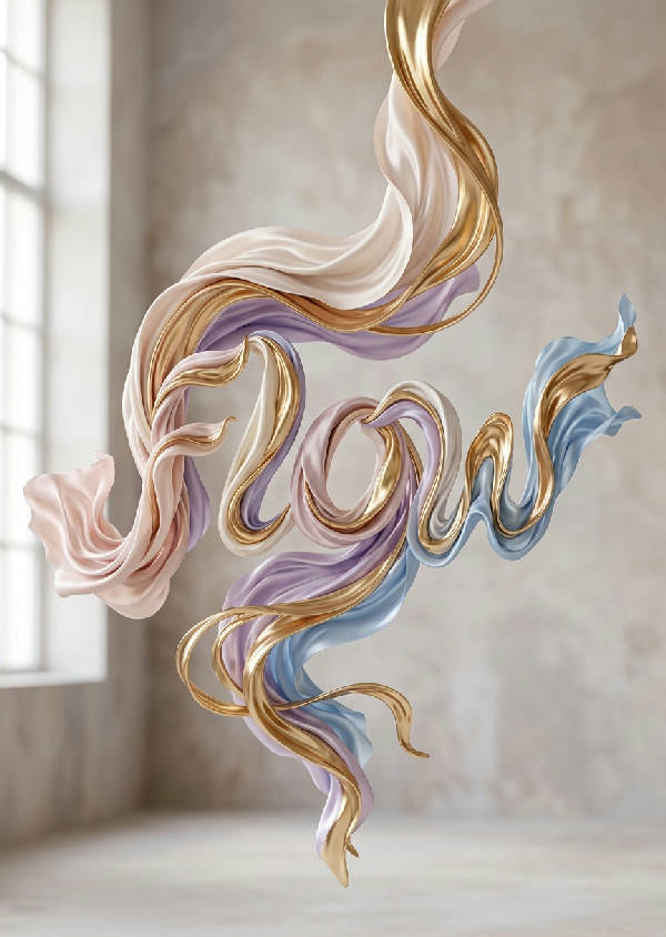 Vertikal abstrakt bild som visar ordet 'FLOW' i dynamisk blå 3D-text med en mjuk och flytande formgivning.