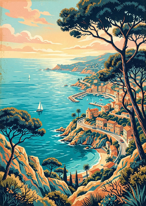 Klassisk illustration av den franska Rivieran med blått hav, palmer och pastellfärgade byggnader i art deco-stil