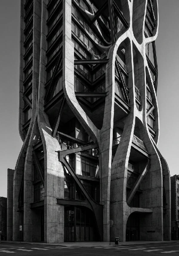 Svartvitt fotografi av en byggnadsfasad med intrikata geometriska mönster och starka kontraster.
