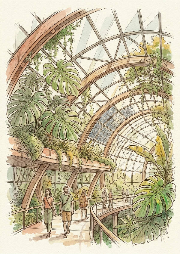 Detaljerad arkitektonisk skiss av ett futuristiskt växthus med stora monstera-blad och vinstockar, upplyst av solljus.