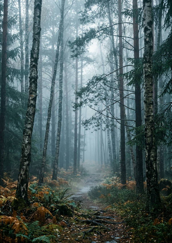 Vertikal bild av en tät dimmig skog med höga träd och tät dimma som omsluter landskapet, dominerande gröna nyanser