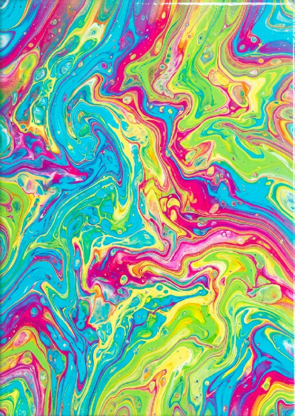 Detaljerad bild av en abstrakt färgexplosion med virvlande flytande marmoreffekter i livfulla nyanser, vertikal orientering.