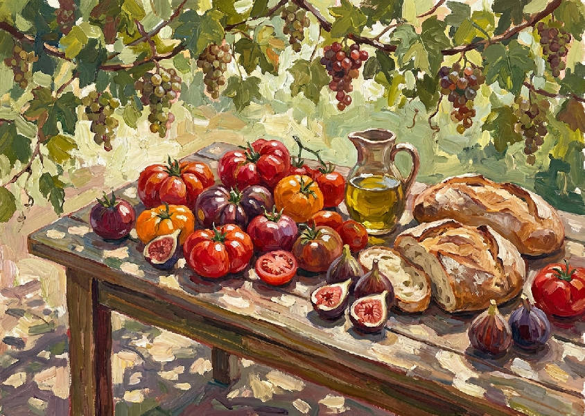 Levande gouache-målning av en rustik medelhavsfest utomhus med tomater, fikon, bröd och olivolja på träbord, i solljus.