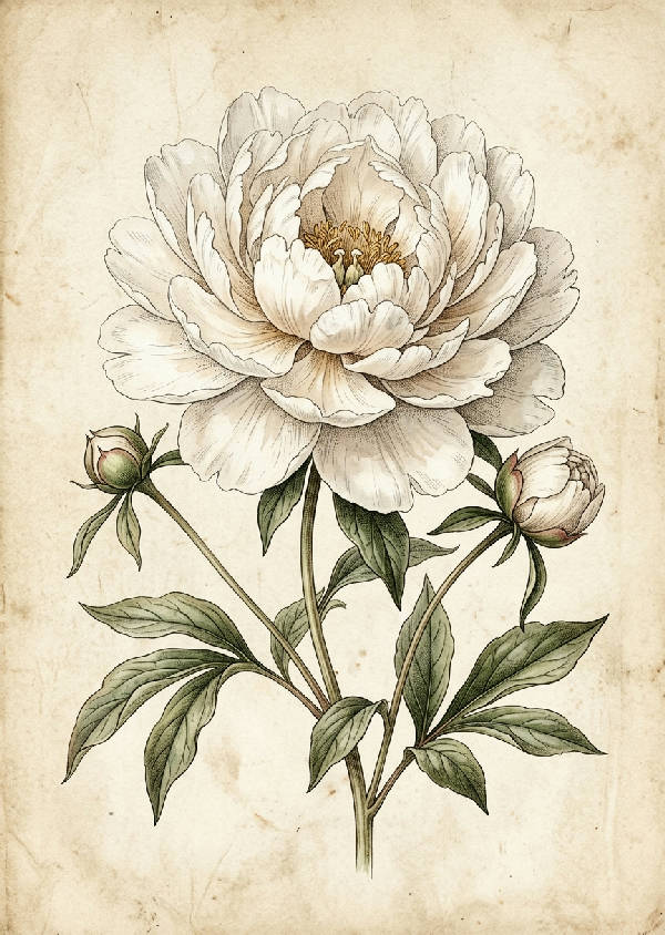 Detaljerad närbild av en vit botanisk pion med mjuka rosa nyanser mot en ljus bakgrund i porträttformat.