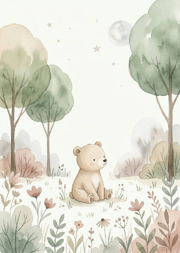 Minimalistisk illustration i akvarell av en söt beige björn bland gröna träd i en skog, pastellfärger