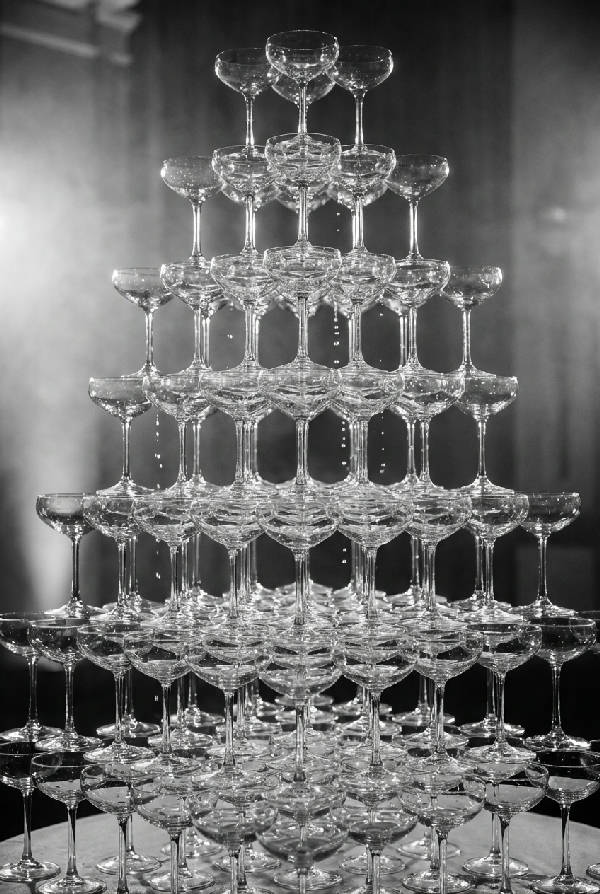 Närbild av ett detaljerat fotorealistiskt torn gjort av champagneglas i svartvitt med mörk bakgrund.
