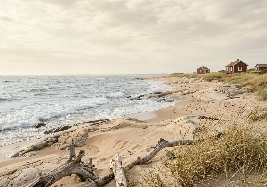 Fotorealistisk bild av en svensk sandstrand med lugna, krämiga färger och mjukt vågskum